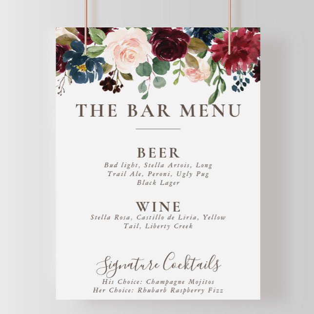 Poster Menu du bar de mariage Fleurs Classiques Fantaisie (Créateur téléchargé)