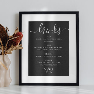 Poster Menu du bar de mariage noir | Boissons à écriture 