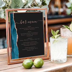 Poster Menu du bar de mariage Teal Blue Rose Gold Agate S