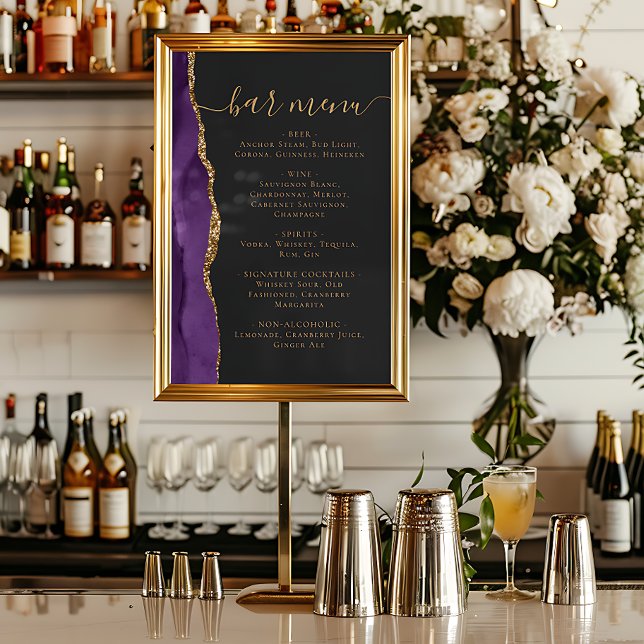 Poster Menu du bar de mariage violet or agate foncé (Créateur téléchargé)