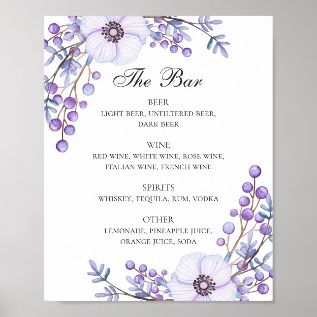 Poster Menu du bar des boissons à fleurs pourpre d'aquare (Devant)