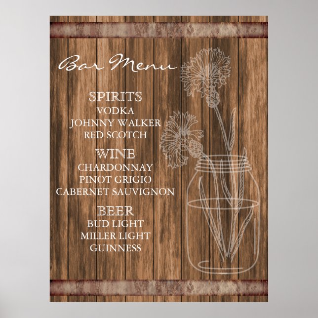 Poster Menu du bar en bois de la grange de campagne rusti (Devant)