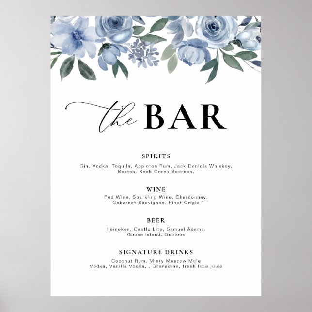 Poster menu du bar floral bleu poussiéreux (Devant)