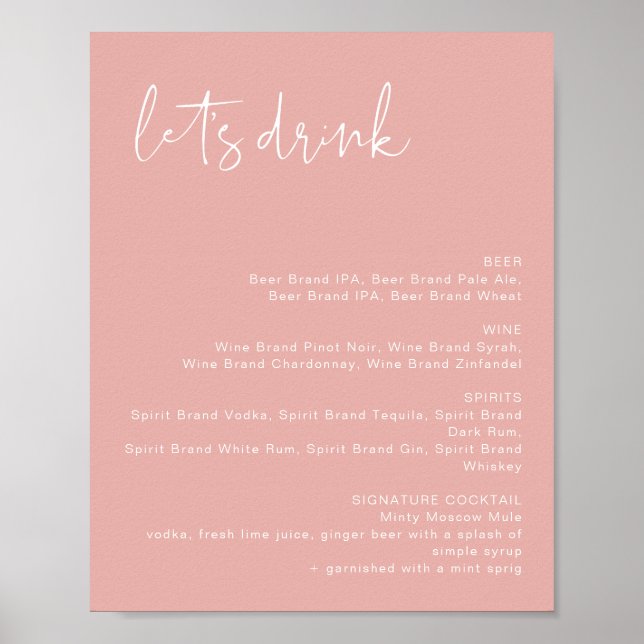 Poster Menu du bar LEAH Vibrant Pastel Rose Let's Drink  (Devant)