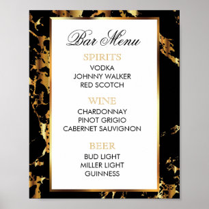 Poster Menu du Bar - Marbre Noir et Or et Noir