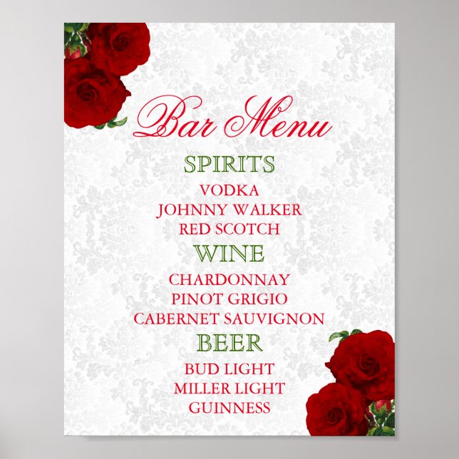 Poster Menu du Bar - Mariage Fleur Rose Rouge Profond (Devant)