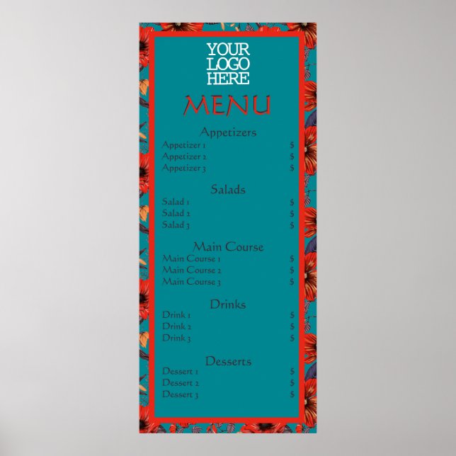 Poster Menu du Café Restaurant Fleur Rouge Teal (Devant)