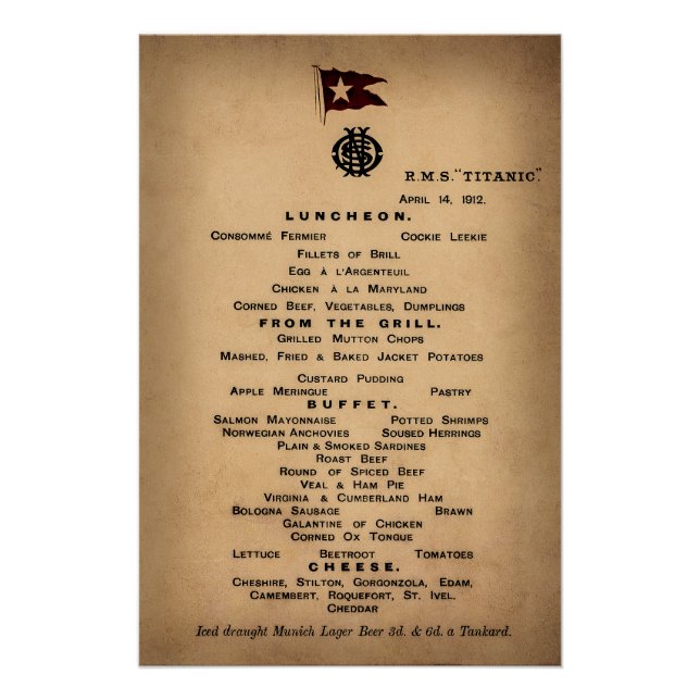 Poster Menu du déjeuner final TITANIQUE 1912 (Devant)