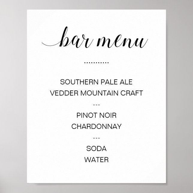 Poster Menu élégant de bar à boissons pour mariage en cal (Devant)