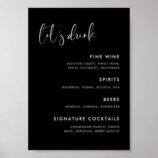 Poster Menu élégant et moderne du bar mariage noir (Devant)