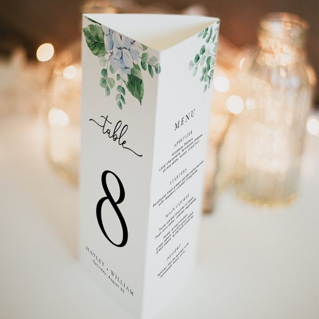 Poster Menu Mariage Blue Hydrangea Tri-Fold (Wedding Tri-Fold Table Number, Dinner Menu and Drinks Menu)