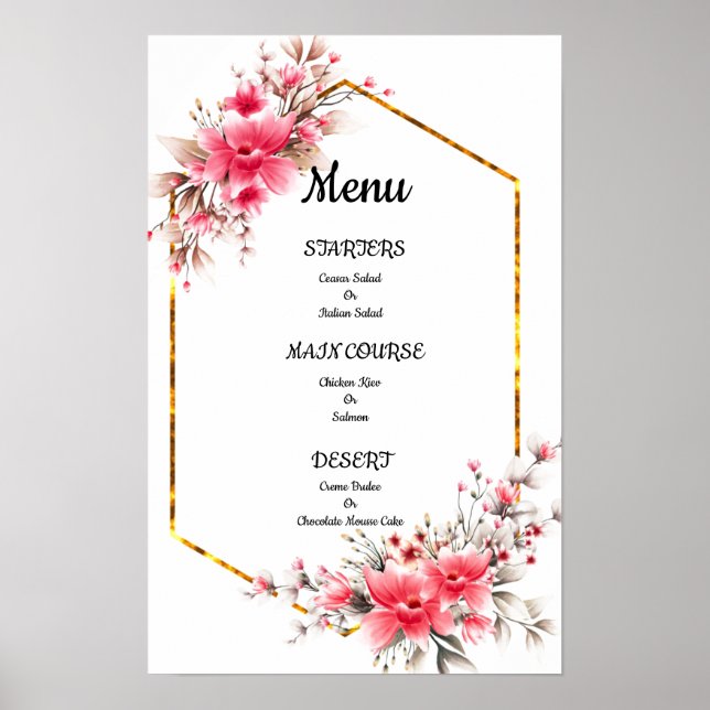 Poster menu mariage, menu mariage à fleurs (Devant)