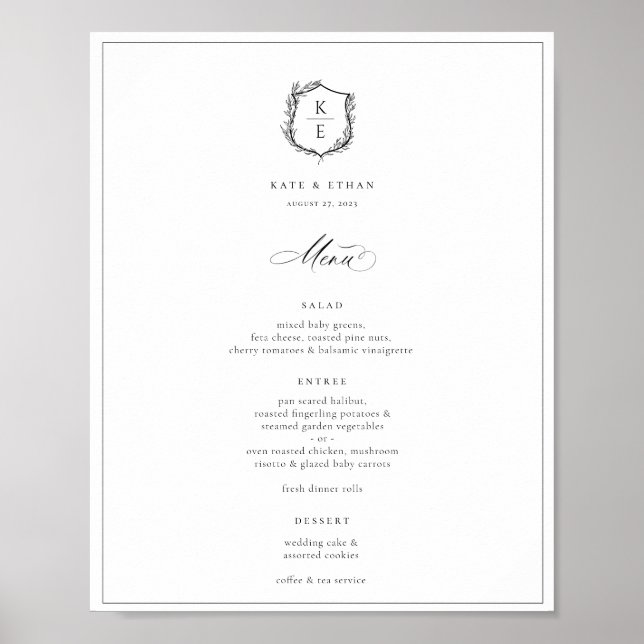 Poster Menu Mariage Monogramme de la crête botanique (Devant)