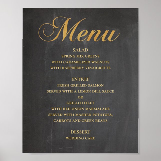 Poster Menu mariage or pour le dîner. Chalkboard élégant (Devant)