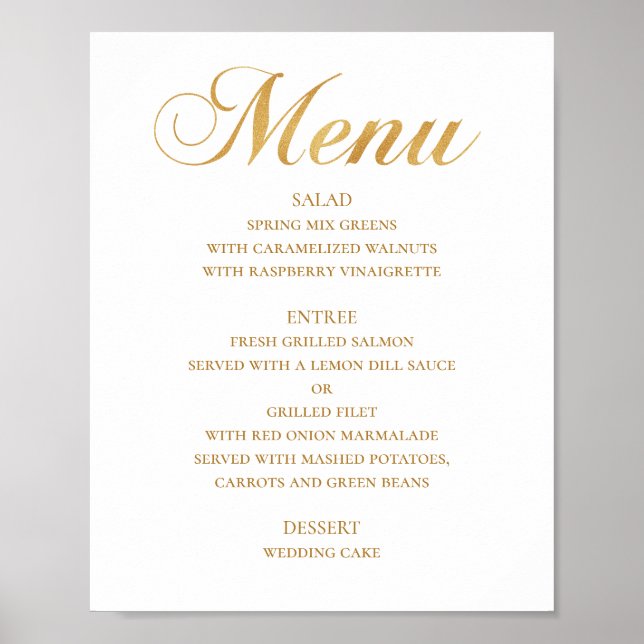 Poster Menu mariage or pour le dîner. Élégant script simp (Devant)