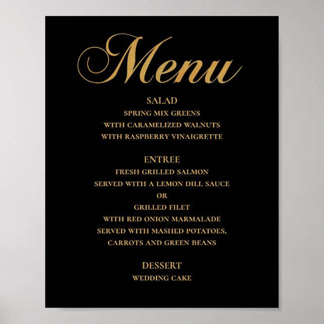 Poster Menu mariage or pour le dîner. Noir élégant (Devant)
