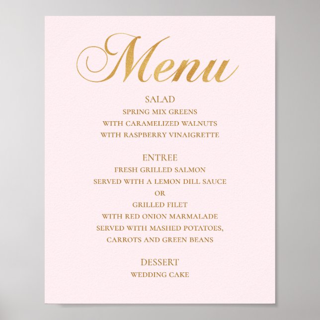 Poster Menu mariage or pour le dîner. Rose élégant (Devant)