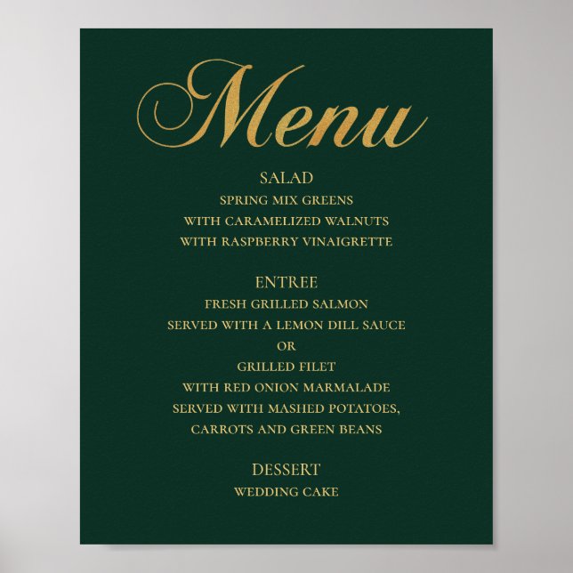 Poster Menu mariage or pour le dîner. Vert élégant simple (Devant)