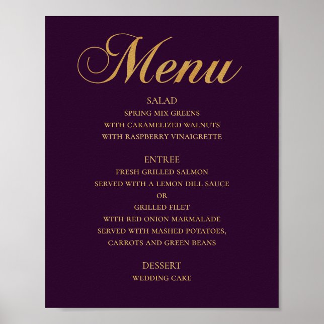 Poster Menu mariage or pour le dîner. Violet élégant simp (Devant)