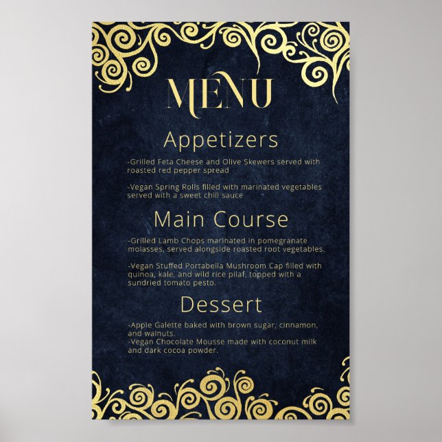 Poster Menu Mariage Sophistiqué Marine Blue & Gold Swirls (Devant)
