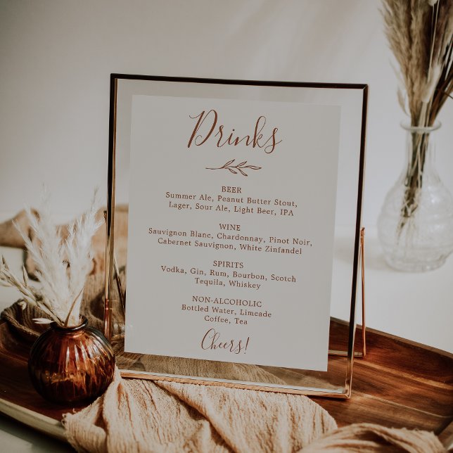 Poster Menu minimaliste des boissons de mariage à feuille (Créateur téléchargé)