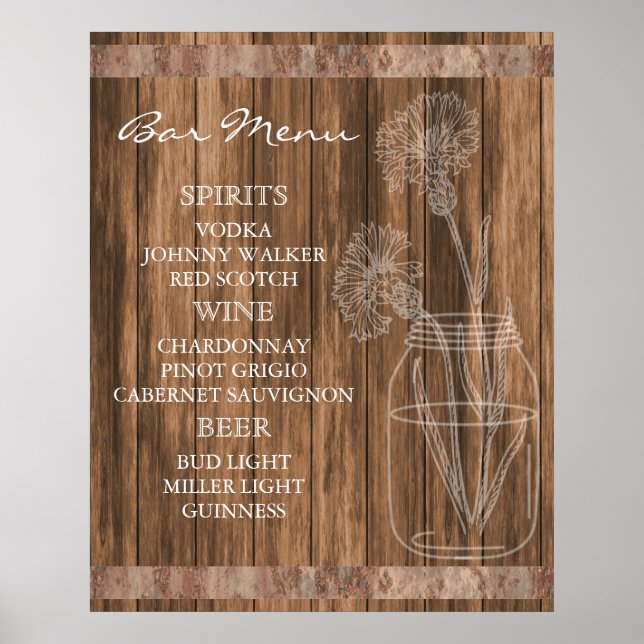 Poster Menu Rustic Country Barre en bois (Devant)
