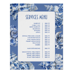 Poster Menu Services Ocean Blue Seashells
