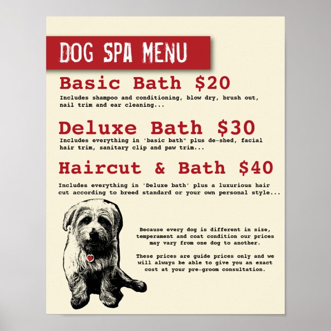 Poster Menu Spa de dressage de chien - Personnalisable (Devant)