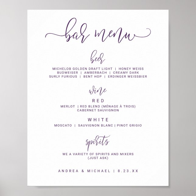 Poster Menus de barre mariage - Script de rebond (violet/ (Devant)