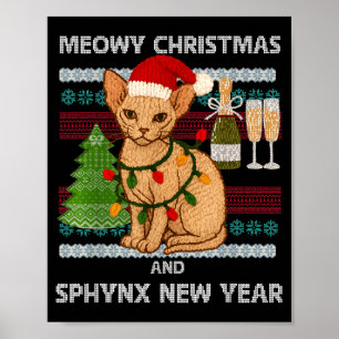 Poster Meowy Noël Drôle Sphynx Chat Chapeau de Père Noël