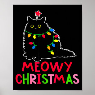 Poster Meowy Noël Xmas Lumières Pyjama Chat Noir Fami