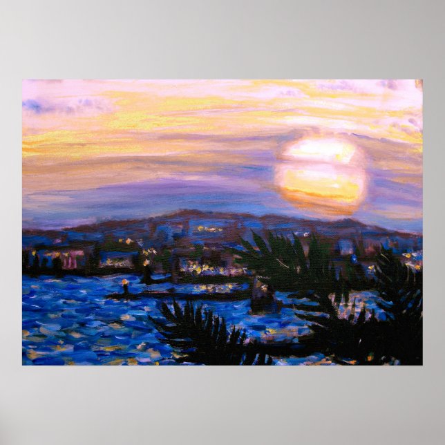 Poster Mer Chaude Franges de palmiers et collines Coucher (Devant)
