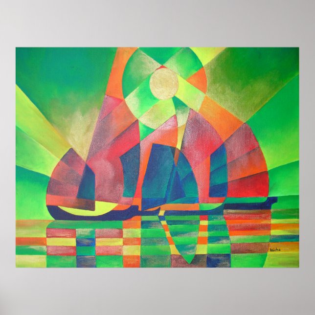 Poster Mer de vert avec des joncs Abstraits cubes (Devant)