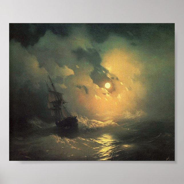 Poster Mer orageuse à la peinture marine de nuit (Devant)