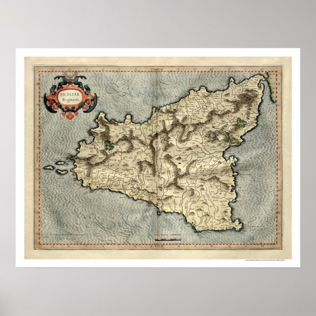 Poster Mercator Sicile Carte précoce 1595 (Devant)