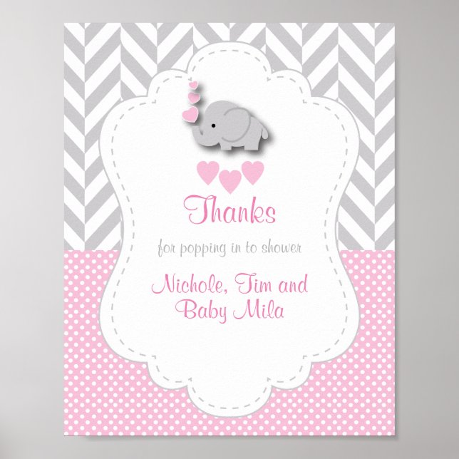 Poster Merci Baby shower rose, gris blanc (Devant)