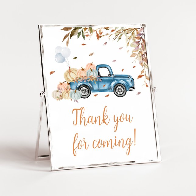 Poster Merci Citrouille de camion bleu pour venir (Boy Little Pumpkin Truck Baby Shower Thank you for Coming Sign)