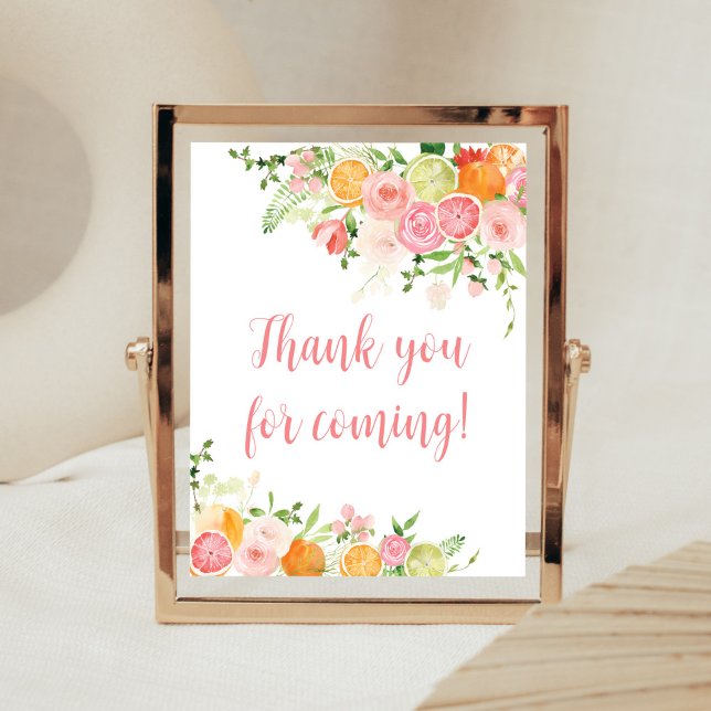 Poster Merci d'agrumes rose et orange pour venir (Girl Lemon Baby Shower Thank You for Coming Sign)