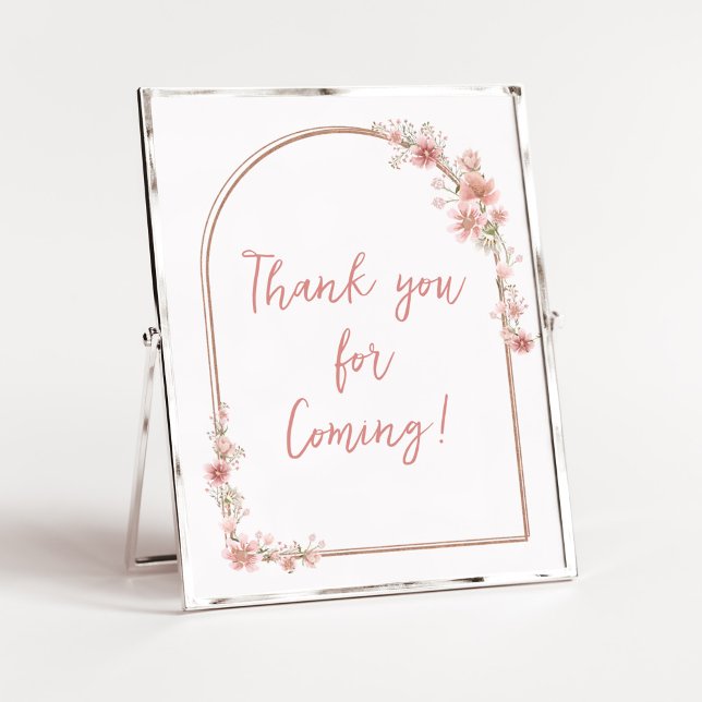Poster Merci d'arc floral rose pour venir (Pink Flowers Arch Baby Shower Thank you for Coming Sign)