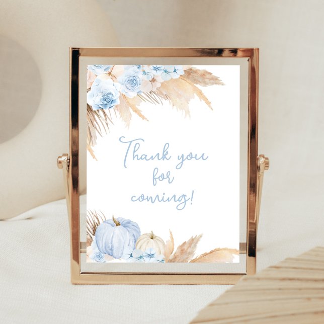 Poster Merci de Baby shower Citrouille Boho bleu pour ven (Boy Little Pumpkin Baby Shower Thank You for Coming Sign)