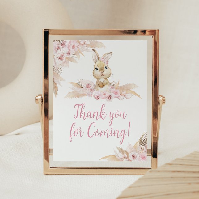 Poster Merci de Baby shower de Bunny Boho rose pour venir (Pampas Grass Girl Bunny Baby Shower Thank you for Coming Sign)