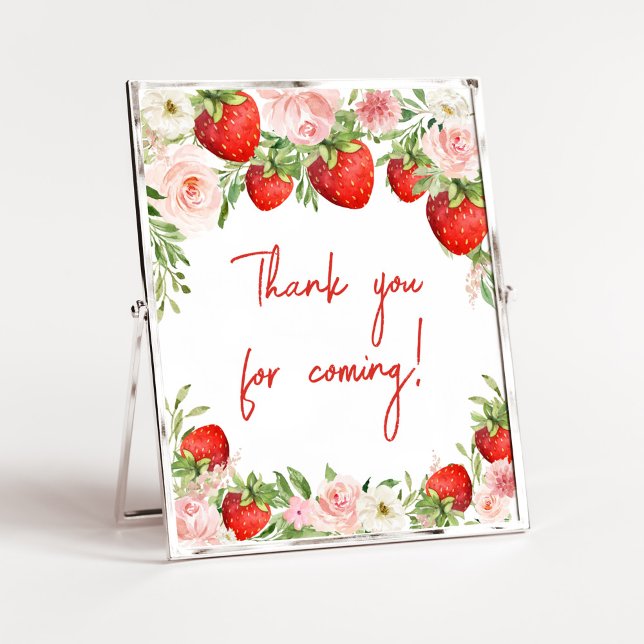 Poster Merci de Baby shower de fraise pour venir (Pink Floral Strawberry Baby Shower Thank you for Coming Sign)