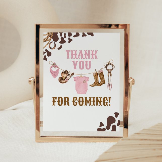 Poster Merci de Baby shower de petite fille pour venir (Pink Western Rodeo Baby Shower Thank you for Coming Sign)