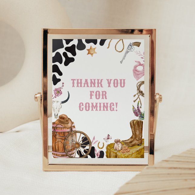 Poster Merci de Baby shower Western Cowgirl à venir (Country Cowgirl Rodeo Baby Shower Thank you for Coming Sign)