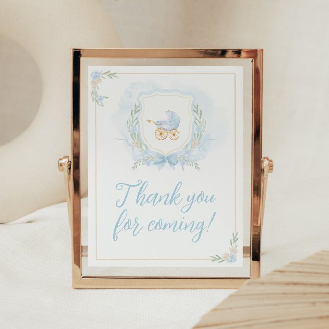 Poster Merci de crête bleu aquarelle pour venir (Blue Gold Carriage Crest Baby Shower Thank you for Coming Sign)
