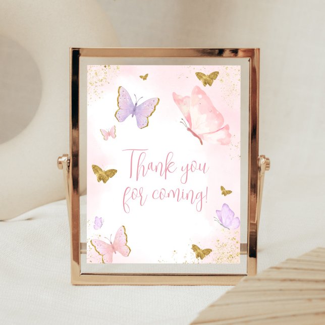 Poster Merci de printemps rose papillon d'or pour les pro (Purple Gold Butterfly Baby Shower Thank You for Coming Sign)