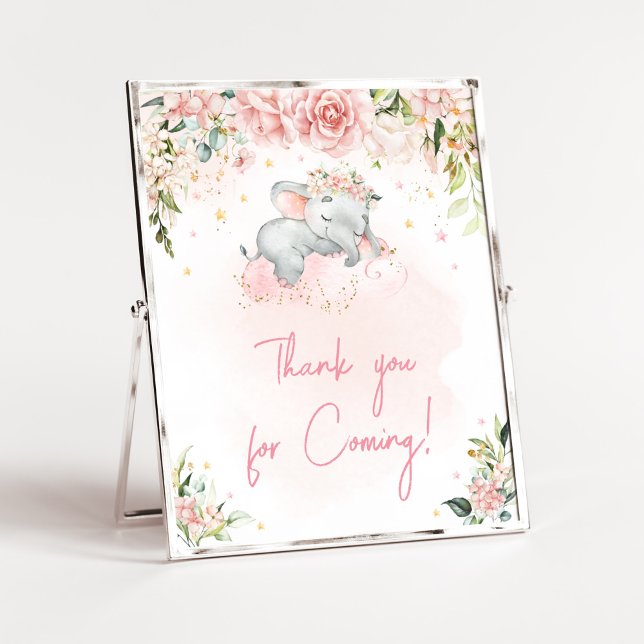 Poster Merci d'éléphant rose à fleurs pour venir (Pink Floral Sleeping Elephant Baby Shower Thank you for Coming Sign)