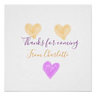 Poster merci d'être venu nom du texte orange violet cœur