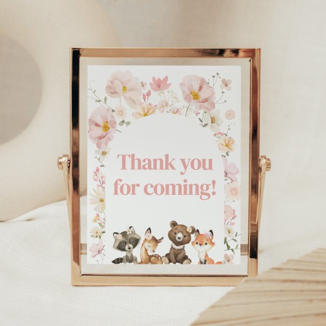 Poster Merci rose floral des animaux de bois pour venir (Pink Flower Woodland Animals Baby Shower Thank you for Coming Sign)