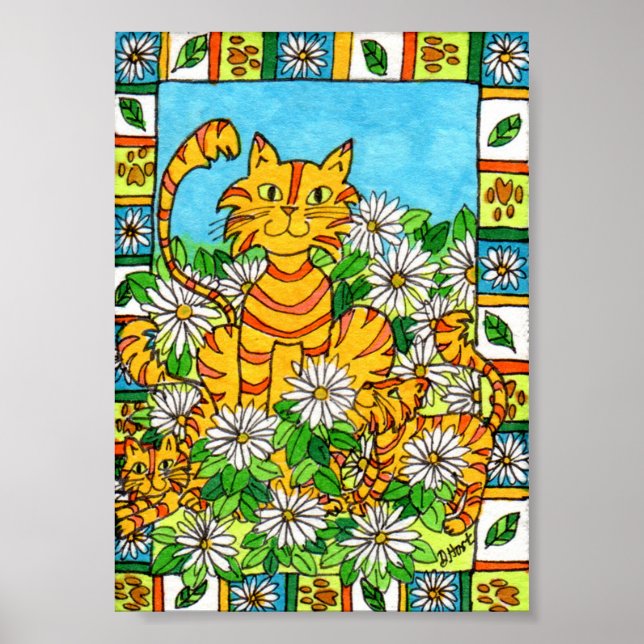 Poster Mère Chat & Chatons en Daisy Patch Mini Folk Art (Devant)